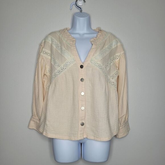 Pol textured distressed oversized lace long sleeve v neck pullover sweater S - Picture 1 of 5